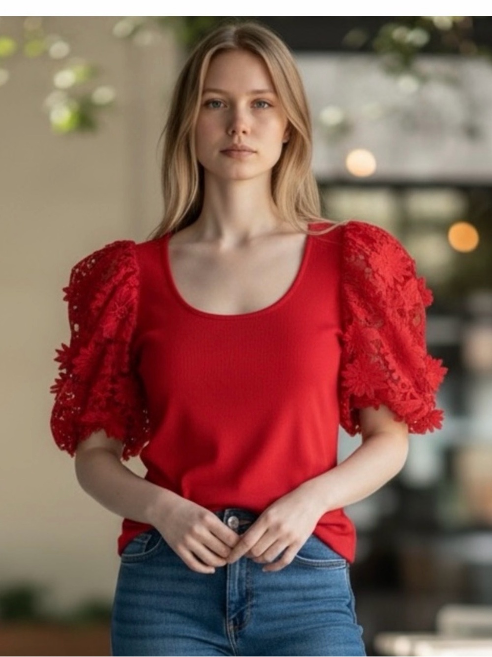 Anthropologie Dolan Red Lace Puff-Sleeve Scoop Neck Top
